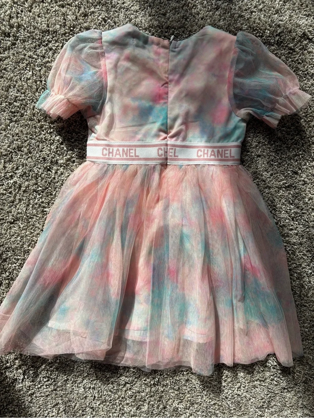 CHANEL Pastel Pink Blue Cream Tulle Dress with CC Brooch. Not original Chanel .